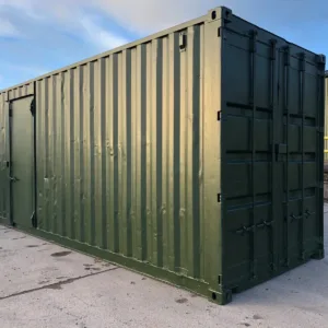 Commercial 20ft high cube storage container with shelving and weather-resistant design