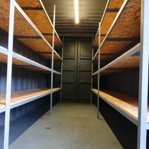 20ft high cube shipping container with shelving and LED lighting installed